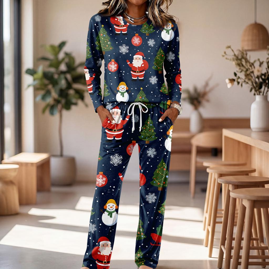 Round Neck Long Sleeve Wide Leg Pants Set, Casual Home Pajama Sleepwear
