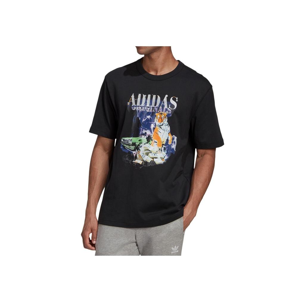 Adidas Originals Trefoil Tiger Print Round Neck Pullover Short Sleeve T-Shirt Men Tops Black GD9325