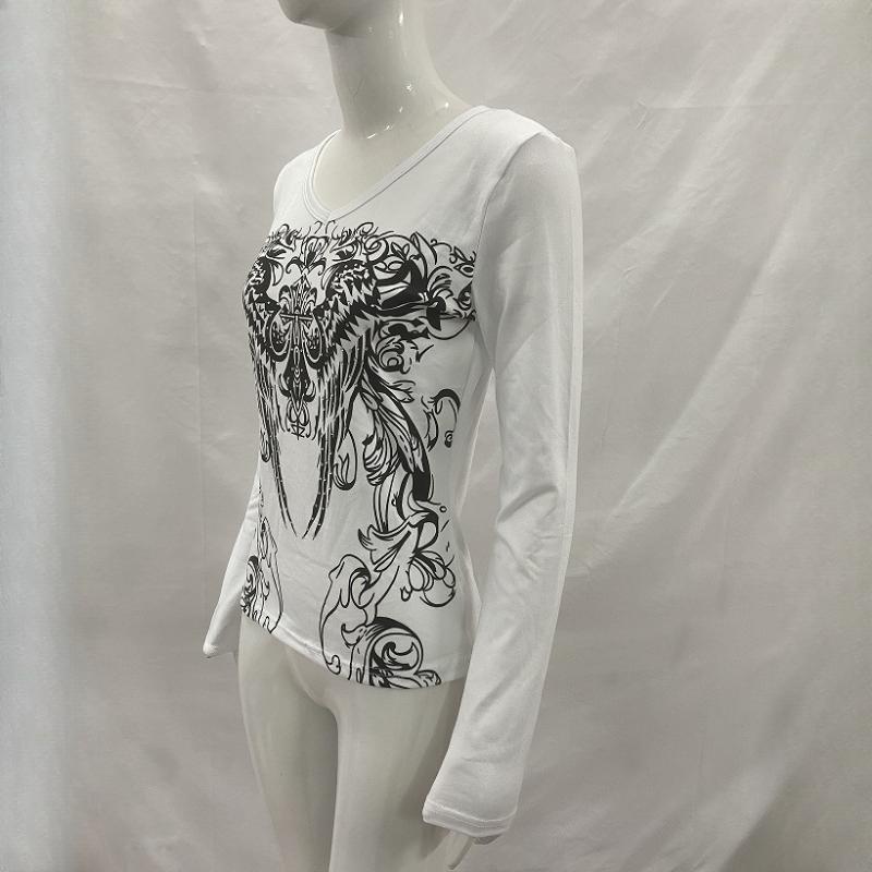 Y2K Spring and Autumn Printed Tight Fit Fit Top Round Neck Women's Wear
