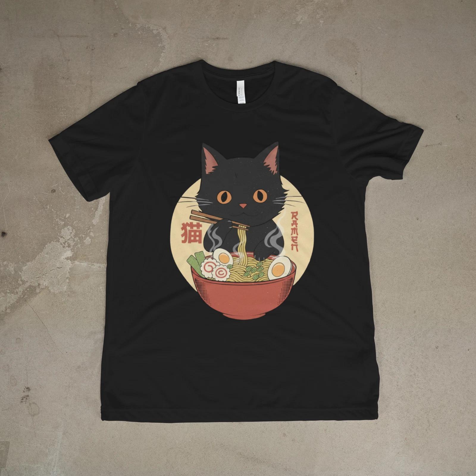 Japanese Ramen Cat Shirt Kawaii Black Cat Noodle Bowl Anime T-Shirt 3XL