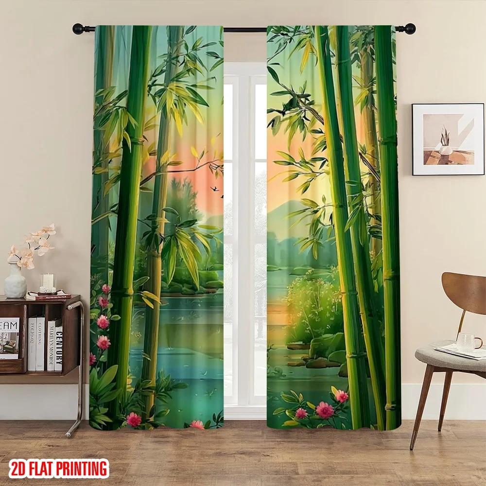 2pcs Bamboo Floral Scenic Printed Curtains, Designed for Light Filtering, Quality Material, Ideal for Zen