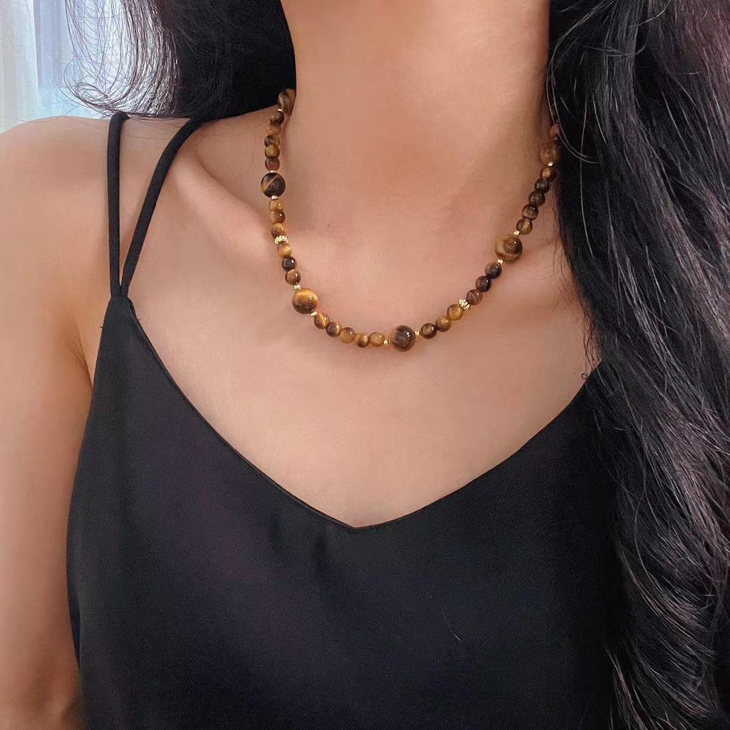 Vintage Maillard Style Natural High-Quality Tiger'S Eye Stone Gypsy Collarbone Chain Atmosphere Niche Necklace