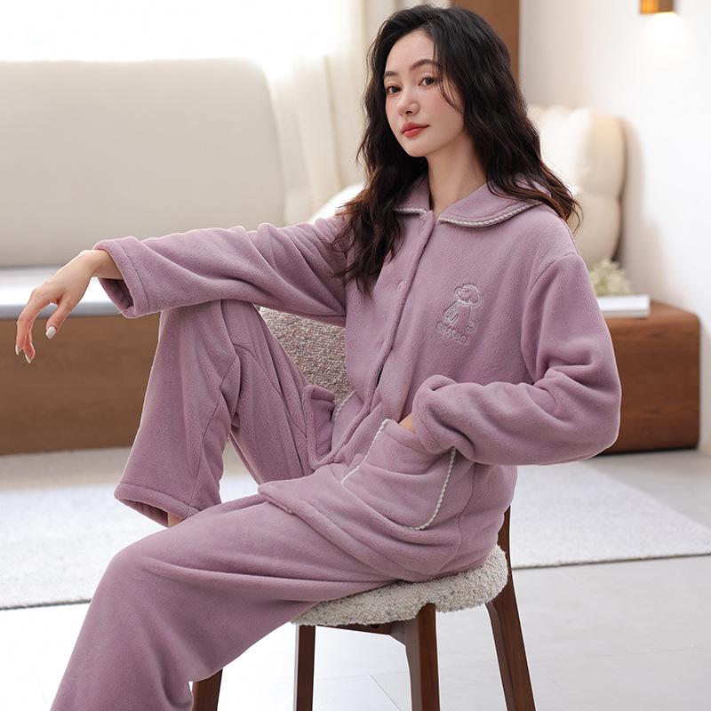 Coral Fleece Pajamas Women'S Autumn And Winter Flannel Warm Can Be Worn Outside Thickened Fleece Loungewear Suit Women