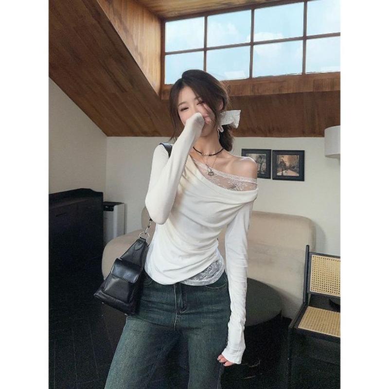 

Футболка с кружевной вставкой в стиле Pure Desire с открытыми плечами и длинными рукавами для женщин, Короткий топ с открытыми плечами для похудения и формирования фигуры на осень one size белый