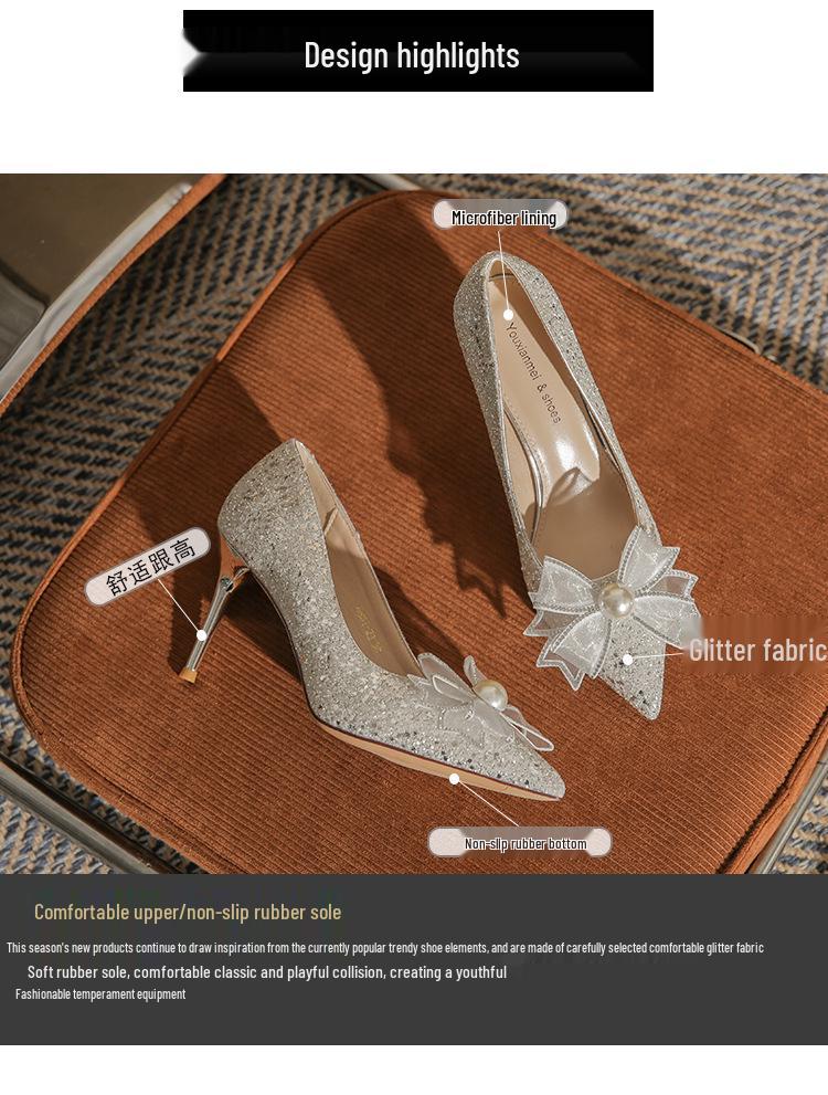 Champagne Gold Crystal Bow High Heels for Women - Elegant French Niche Bridal Shoes