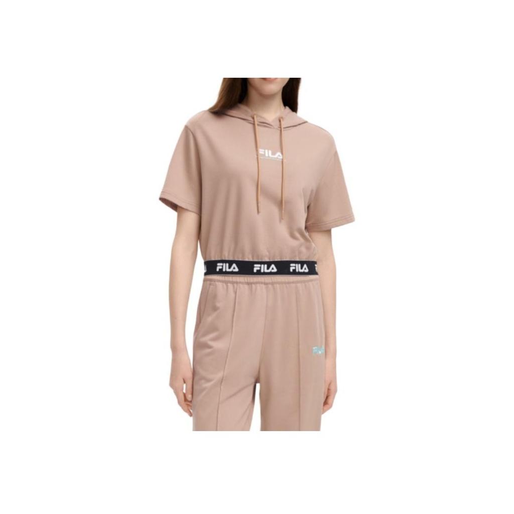 Fila X Magic Stick Collaboration Solid Color Casual Hooded Short Sleeve T-Shirt Women Tops Light-Khaki F11W329112F-DK