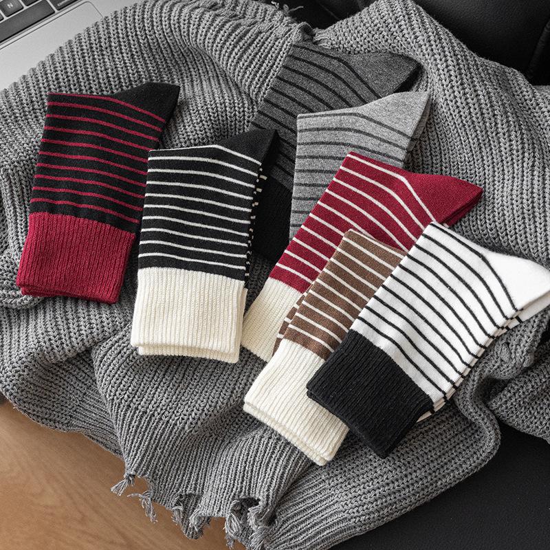 Red Socks, Women's Pile Socks, Autumn and Winter Trendy Long Socks, Retro Striped College Style Thigh-high Socks