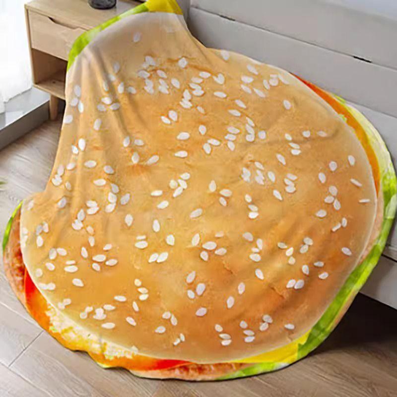 

1pc New Hamburger Print Blanket Funny Food Flannel Round Blankets Soft Warm Nap for Couch Sofa Office Home 180 180cm