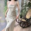 Elegant Satin Square Neck Pleated Camisole Bodycon Dress - Women's Slim Fit Long Summer Dress, New Arrival.
