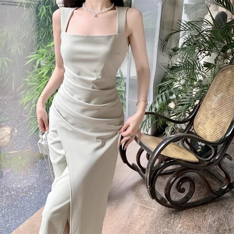 Elegant Satin Square Neck Pleated Camisole Bodycon Dress - Women's Slim Fit Long Summer Dress, New Arrival.