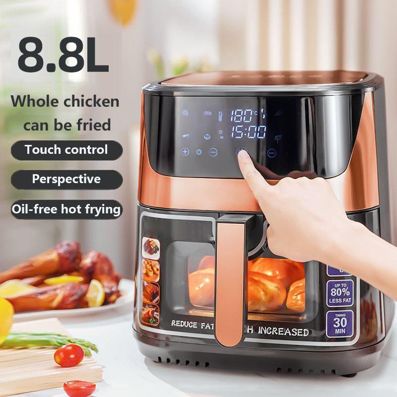 Friggitrice ad aria multifunzionale per uso domestico di grande capacità 8,8 litri Schermo touch intelligente trasparente Friggitrice elettrica in acciaio inossidabile Friggitrice ad aria completamente automatica