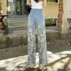 Jeans da donna con cuciture cave in pizzo, vita alta, pantaloni casual larghi e dritti