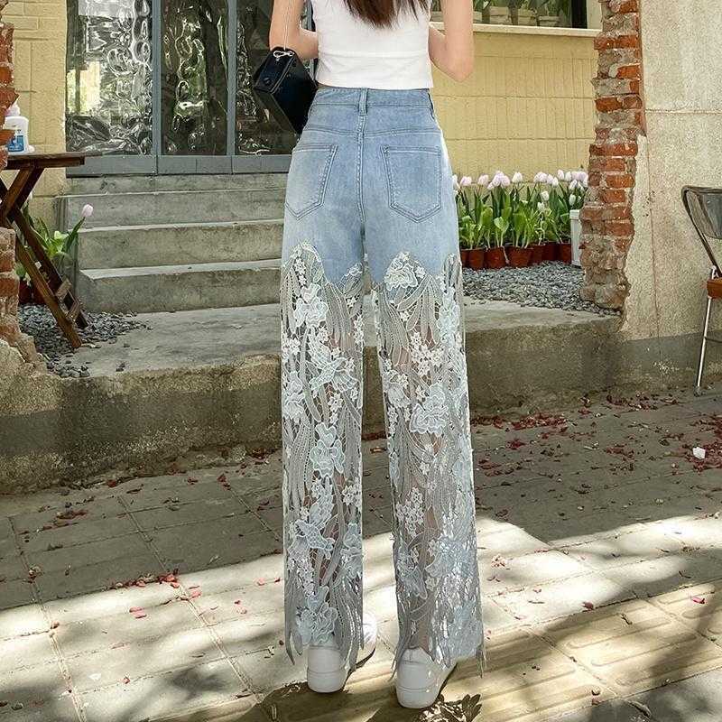 Jeans da donna con cuciture cave in pizzo, vita alta, pantaloni casual larghi e dritti