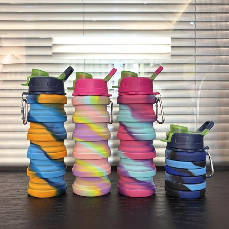 Folding Reusable Sports Water Bottles Leakproof Silicones With Carabiner for Outdoor Activity Water