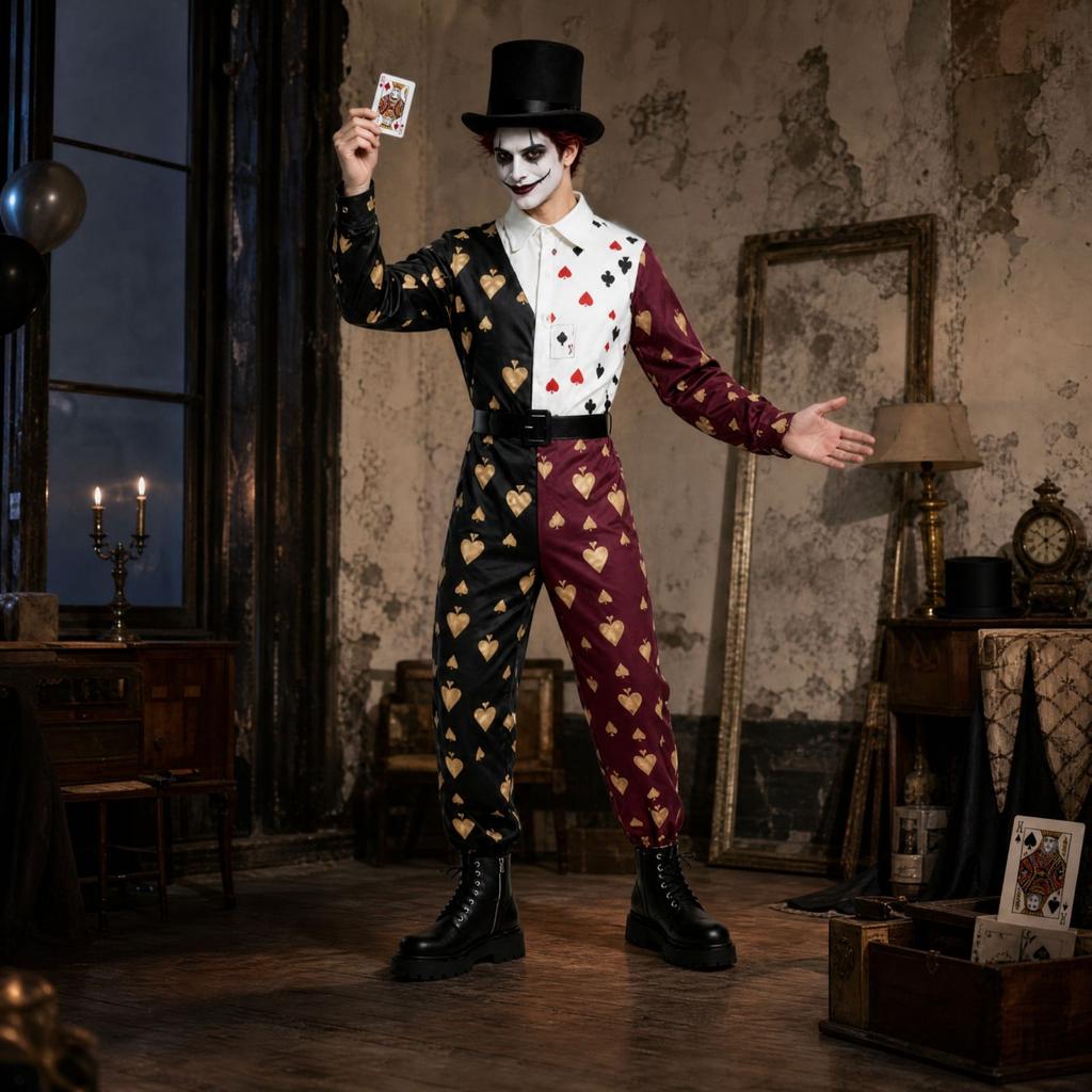 Halloweenový tmavý kombinéza kostým se vzorem hracích karet pro maškarní párty