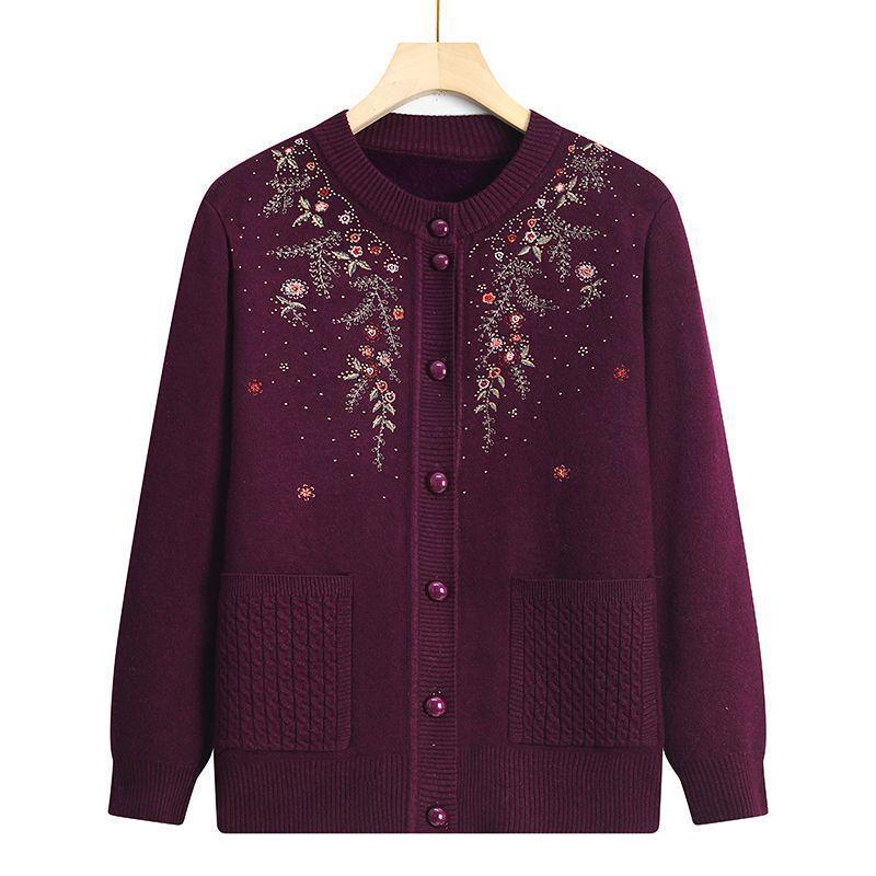 Warm Embroidered Knit Sweater for Elderly Women - Fleece-Lined Autumn/Winter Jacket for Grandmothers and Mothers