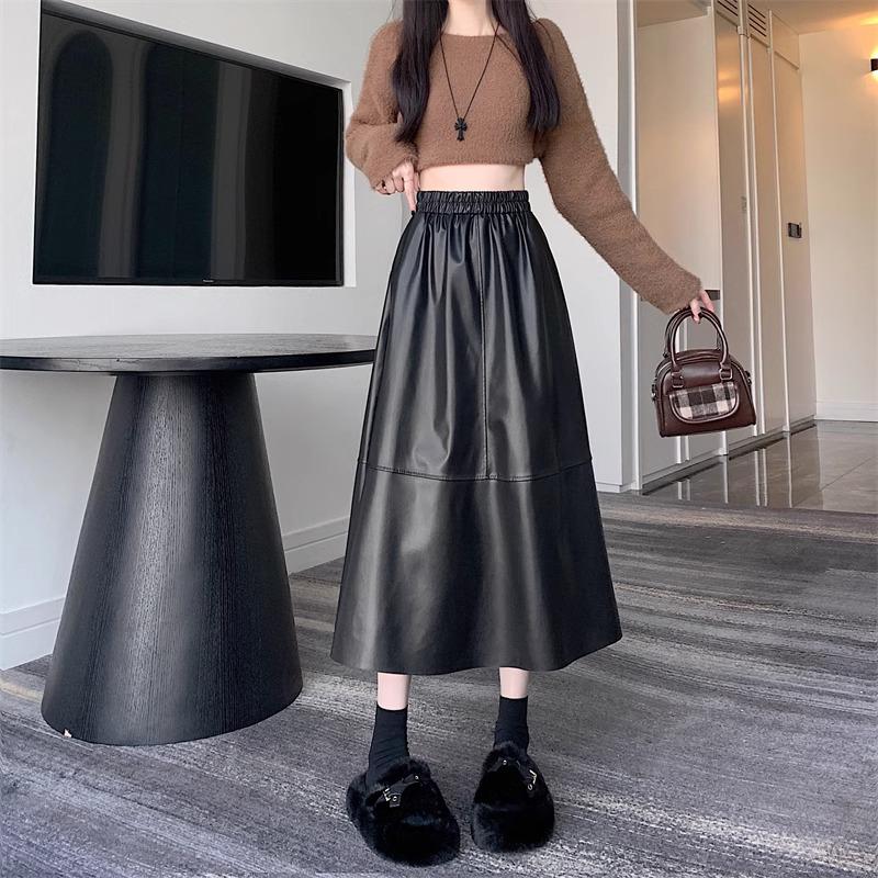 

2024 Осень/Зима Женская Черная Юбка Миди А-силуэта с Завышенной Талией из ПУ Кожи L чёрный