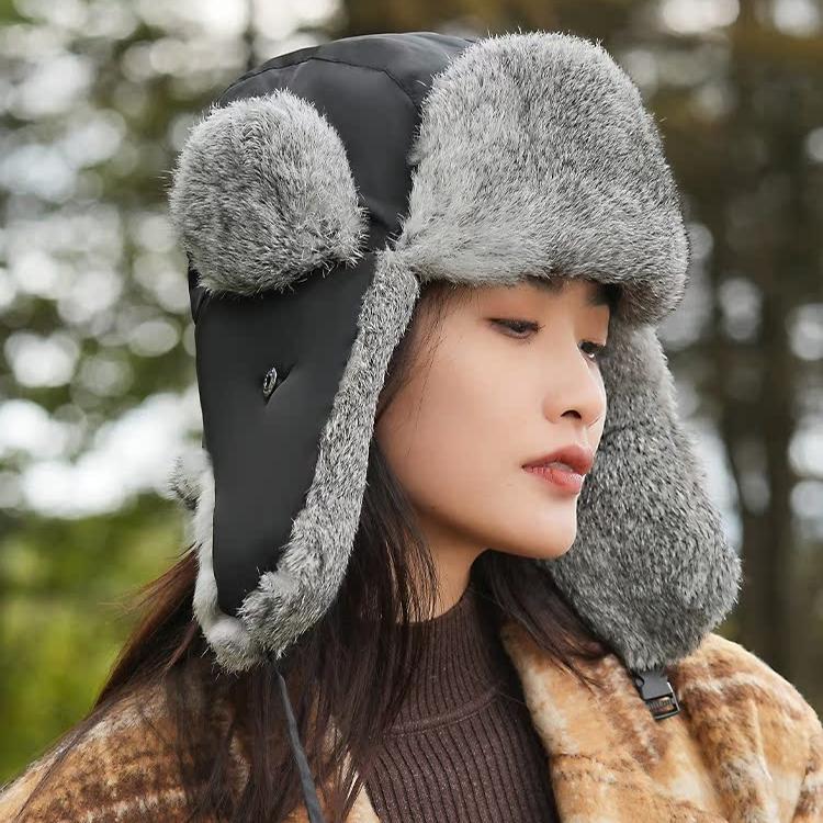 Hat Women's Winter New Rabbit Fur Warm Thickened Ear Protection Outdoor Riding Windproof and Coldproof Lei Feng Hat