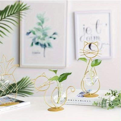 Moderne Einfache goldene Geometrische Kunstglasvase Metallrahmen Linien Blumenvase Hydrokultur Pflanzbehälter Esstisch Hochzeitsdekorat