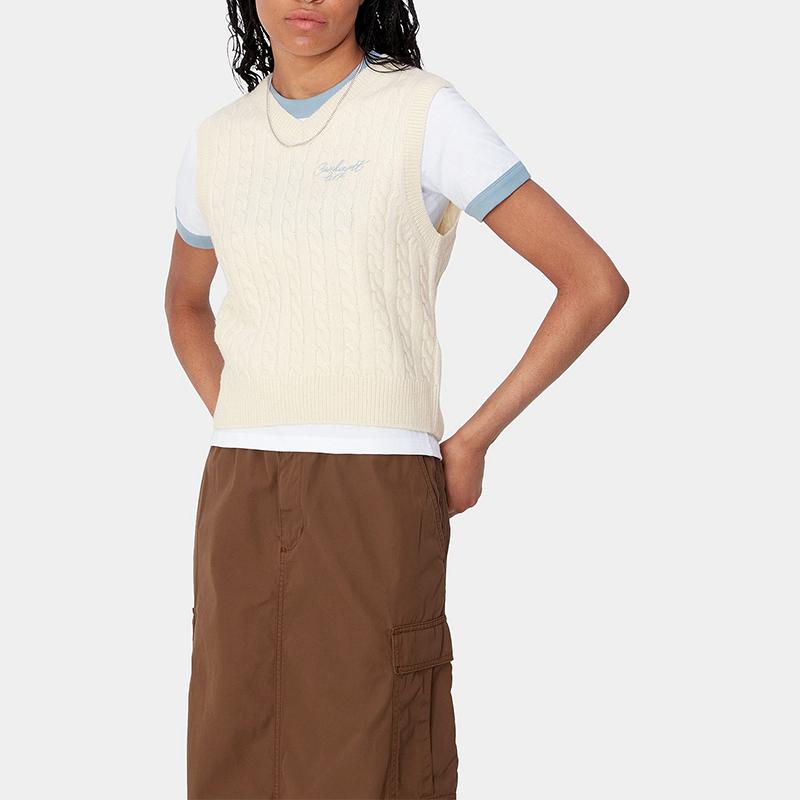 Carhartt WIP Womens Signature Vest Sweater Cable Knit Design Logo Letter Henley Neck Sleeveless Vest Women vests Natural I033882-2JH-XX