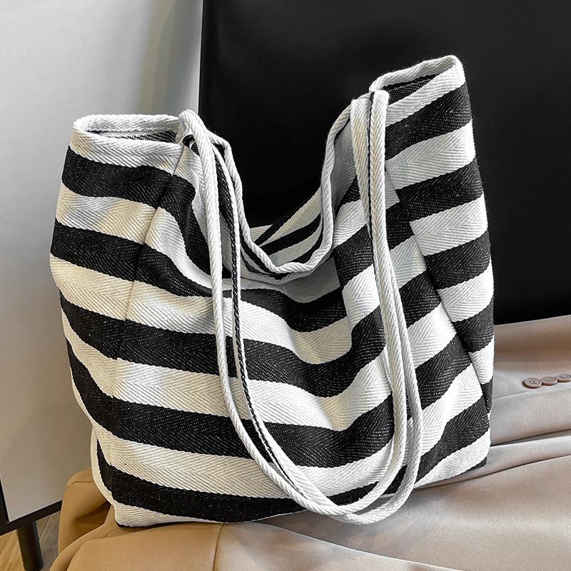 Geantă Pânză cu Dungi Stil Coreean Ins Lazy Geantă Tote Literară cu Culoare Contrastantă Geantă de Umăr de Mare Capacitate Geantă de Cumpărături Geantă Mare