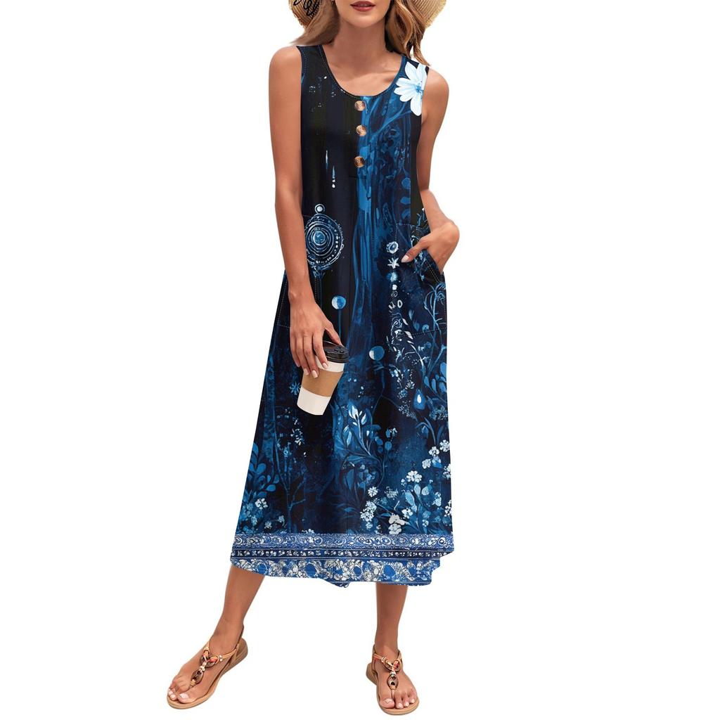 Women's Summer Maxi Dress Sleeveless Button Down Casual Loose Long Beach Sundress Travel Vacation Outfits