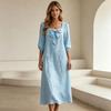 Abito midi casual da donna a vestibilità larga con maniche a sbuffo, scollo quadrato frontale e tessuto leggero