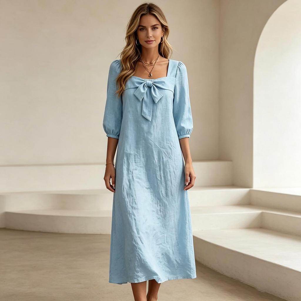 Abito midi casual da donna a vestibilità larga con maniche a sbuffo, scollo quadrato frontale e tessuto leggero