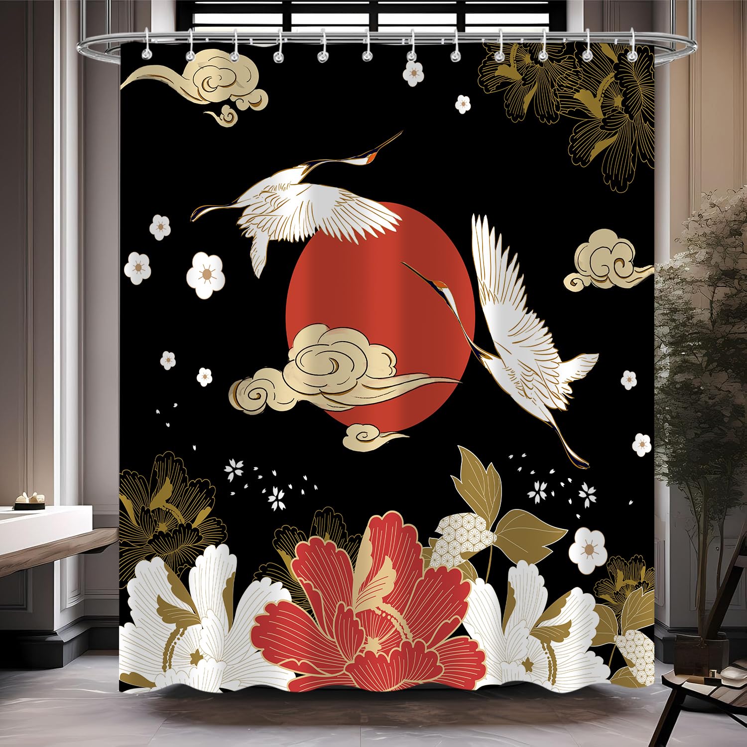

Japanese Black Gold Pine Tree Shower Curtain, Red Sun Abstract Asian Art Waterproof Fabric Curtain W60H190(CM)-1 Pcs