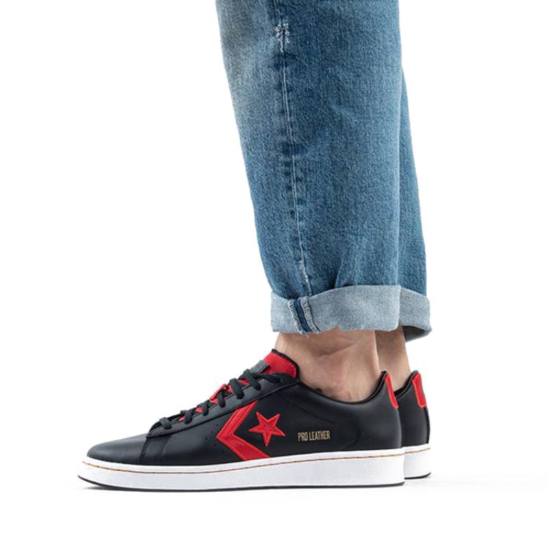 Converse Cons Pro Leather Vintage Colour-Blocking Casual Abrasion Resistant Low-Top Board Shoes Unisex Styles Black, Red and White