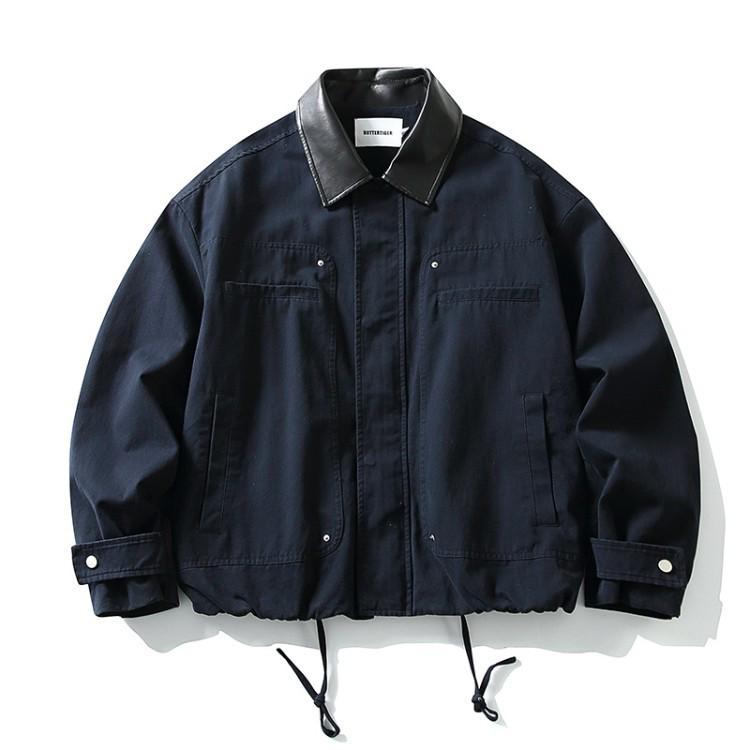 QIYOU 2026 Men's Japanese Retro Color Block Drawstring Lapel Casual Jacket