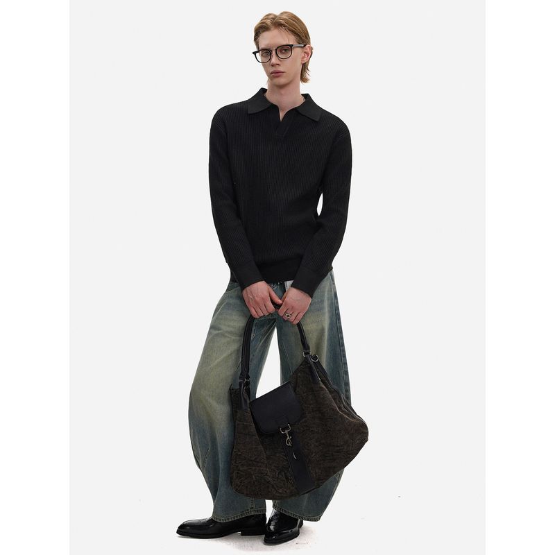 Blaexit Retro Vintage Style Black Knit Sweater for Men, Short Cleanfit Regular Shoulder Polo Collar Long Sleeve Base Layer