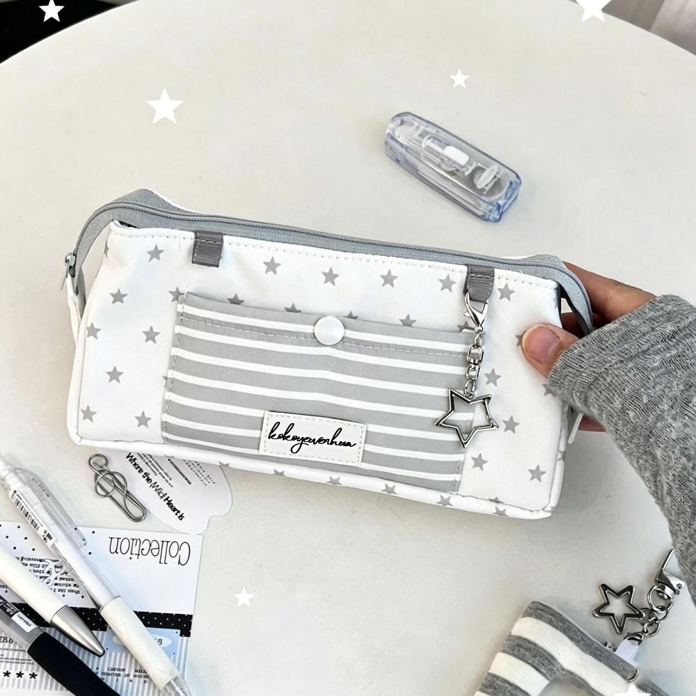 Printed Pencil Storage Bag Striped Zipper Stationery Pouch Trendy Star Pencil Case  Back To School