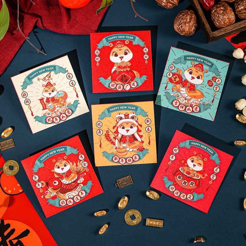 6pcs Blessing 2025 New Year Money Pocket Traditional Good Lucky Money Bags Cartoon Red Packet Bonus