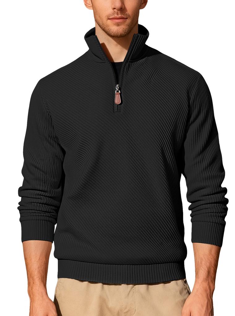 Men's Twill Jacquard Ribbed Half Zip Sweatshirt, Long Sleeve Stand Collar Sport Casual Trendy Pullover Hoodie for Autumn Winter