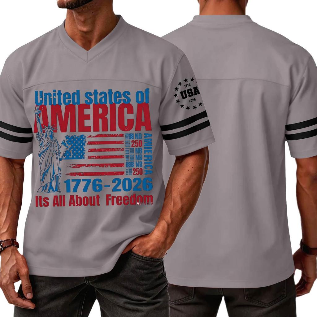 Mens V Neck Short Sleeve Sports T Shirt with States of America 1776 2026 Graphic and Statue of Print