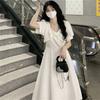 French Sweet First Love Dress Bow Square Collar Waist Thin Dress Female Student Korean Version Medium and Long A-shaped Skirt