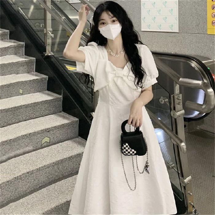 French Sweet First Love Dress Bow Square Collar Waist Thin Dress Female Student Korean Version Medium and Long A-shaped Skirt