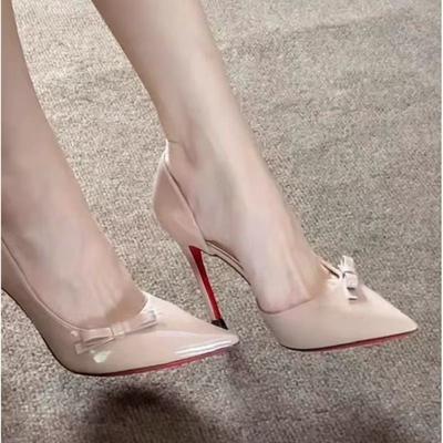 Nude Side Empty Red Bottom Bow High Heels Women's 2026 Autumn Pointed Head Light Mouth Commuting Thin Heels Single Shoes Women