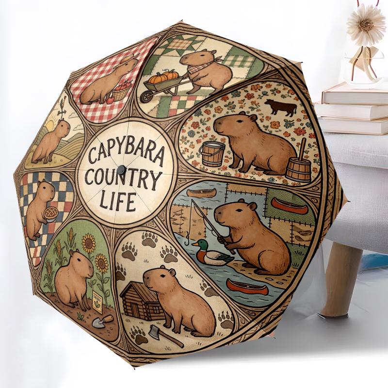 

1pc Sturdy 8-Bone Auto Umbrella, Green Bohemian Capybaras Umbrella, Digital Printed, Foldable Umbrella for On-the-Go Outdoor Use