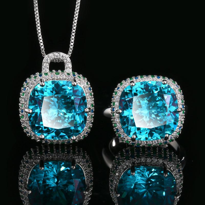 Set Necklace Ring Jewelry Retro Simulation Sea Blue Para Green Fat Square Simple Style Women'S Premium