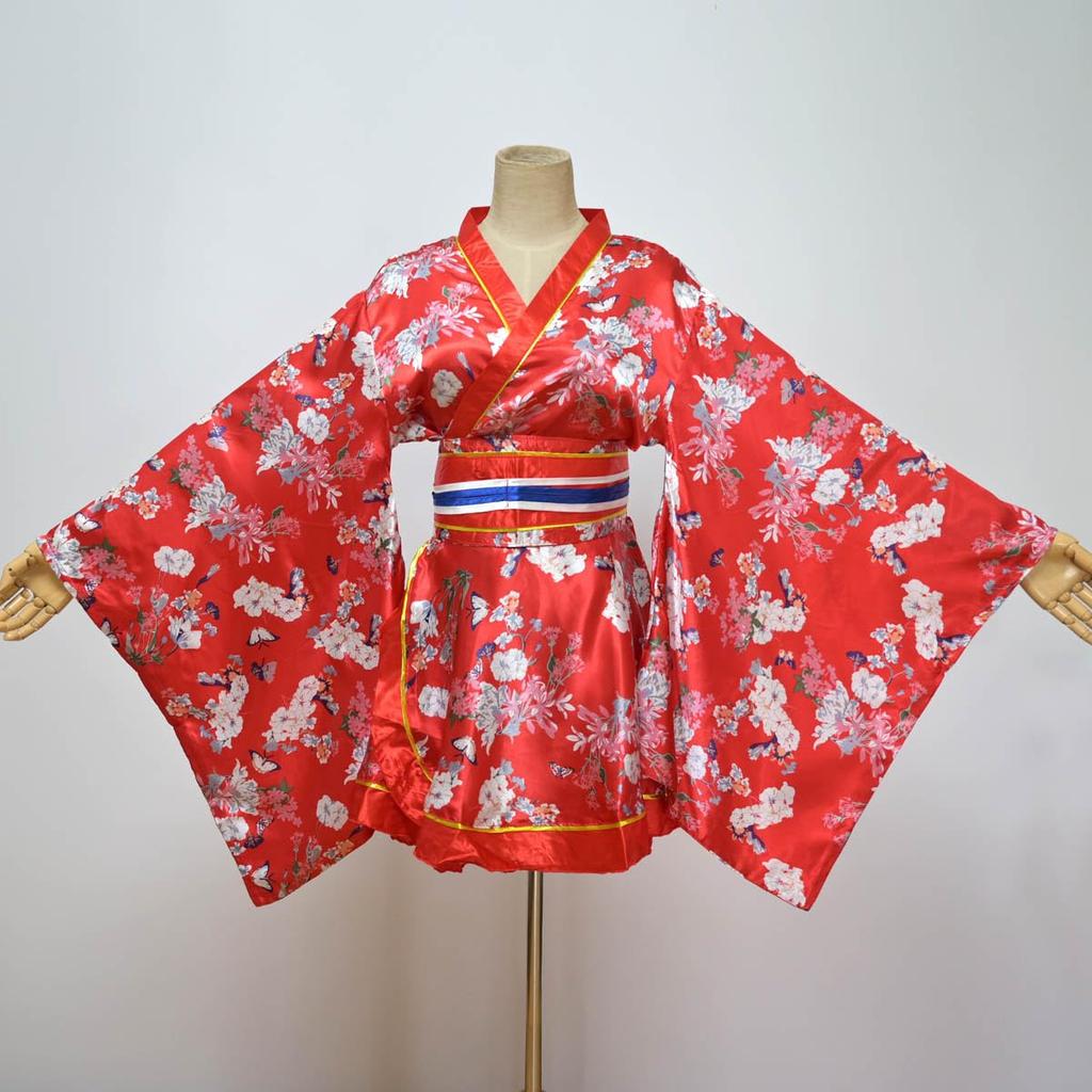 Japanese Style Silk Kimono Cosplay Costume Sexy Underwear One Piece Party Evening Dress Women's (Red, L)