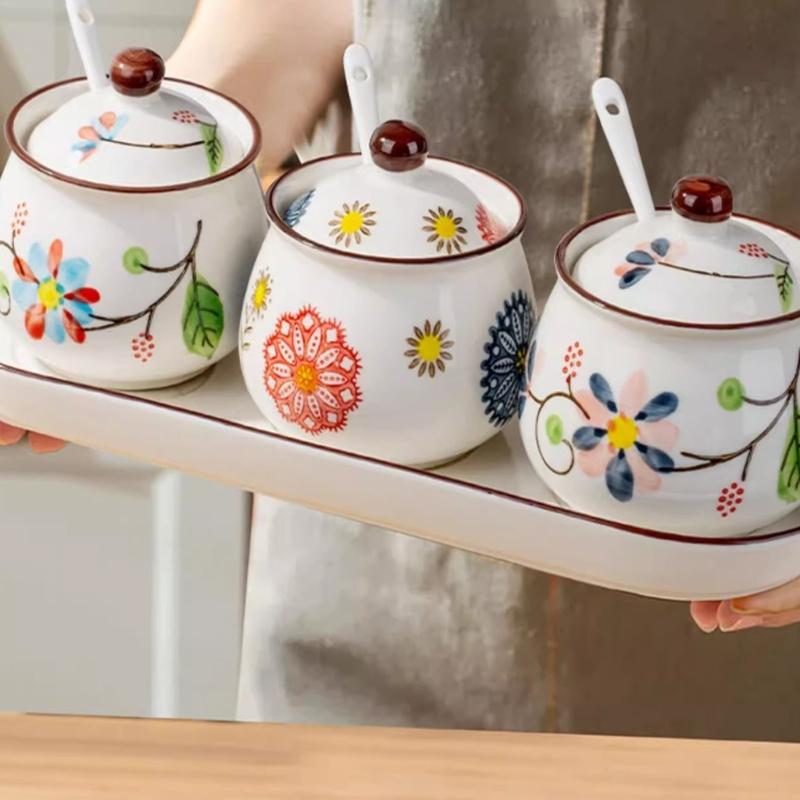 4 Piece Ceramic Spices Container Set Includes Decorative Tray Durable Kitchens Organizers for Spices Condiments