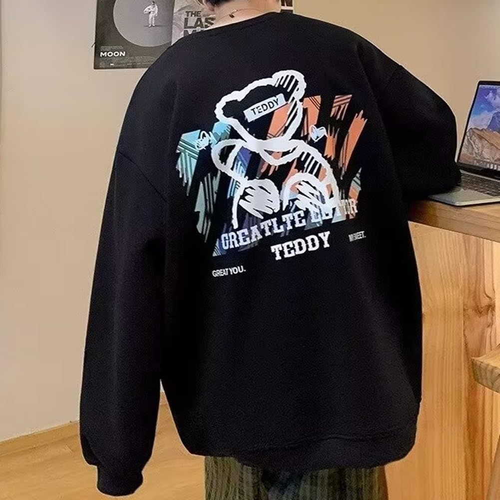JIASEN Long Round Bear Print On Front and Soft To the Loose Men's Sweatshirt/Hoodie T-Shirt, Fall/Winter/Spring, Sleeve, Collar, Back, Casual,