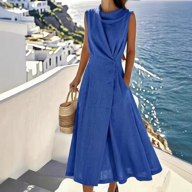 Elegantes ärmelloses Kleid aus französischer Leinen-Baumwolle für Damen - Strandurlaub 2026