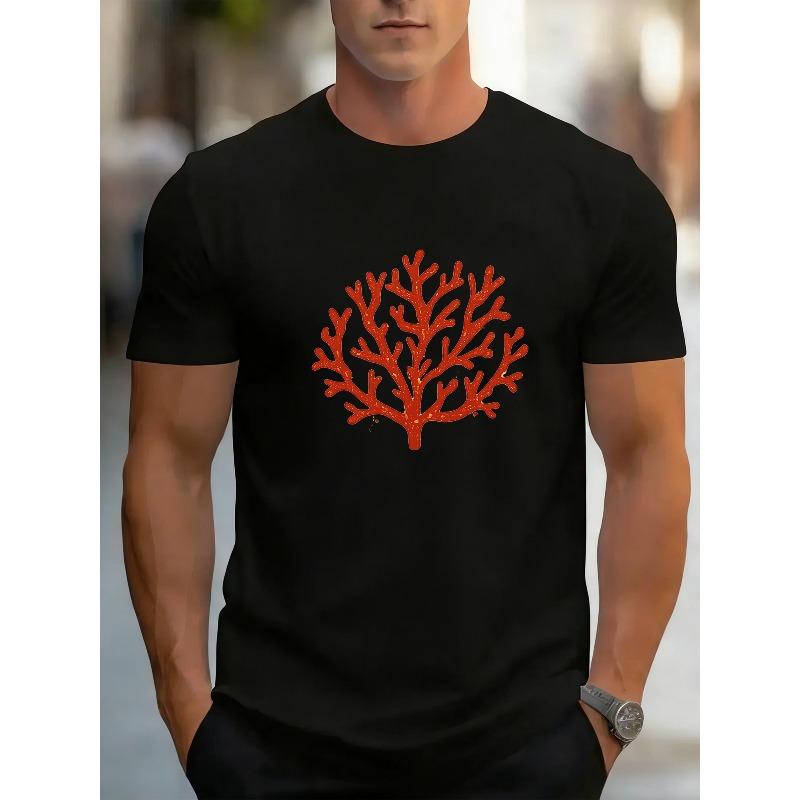 

European sizes Red Retro Distressed Coral Branch Pattern Print, All-season Casual Men s T-shirt, Comfortable and Breathable Casual Sport Top 4XL
