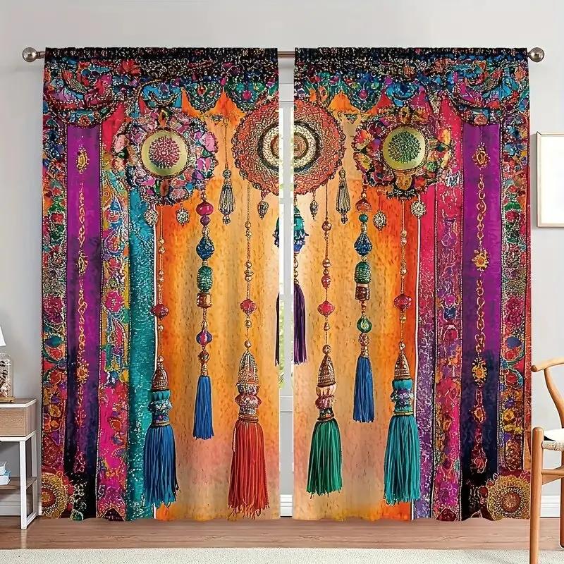 Style Ruffled Pattern Printed Curtains Window Decorations Home Room Curtain Set Of 2 Bohemian Made Polyester Washable