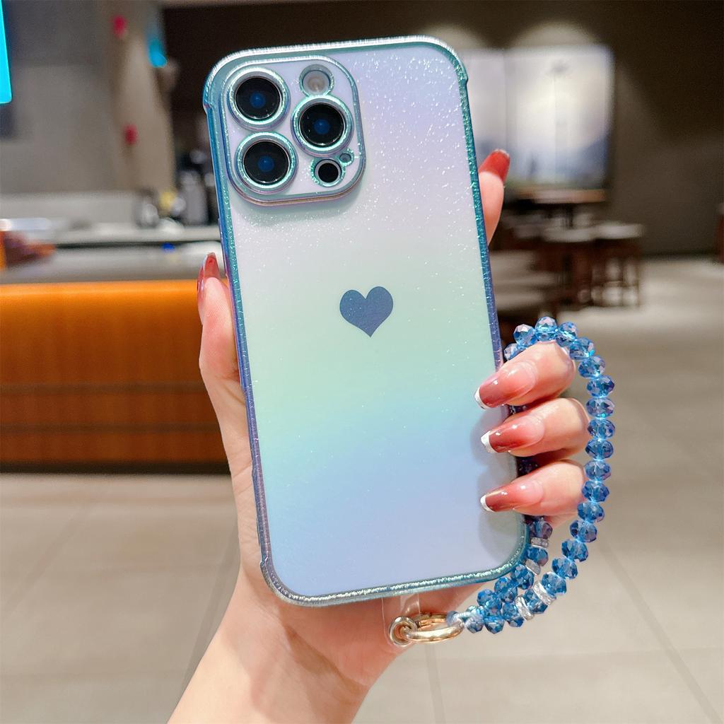 Applicable iPhone16Promax silk side love mobile phone case Apple 15 protective case crystal lanyard