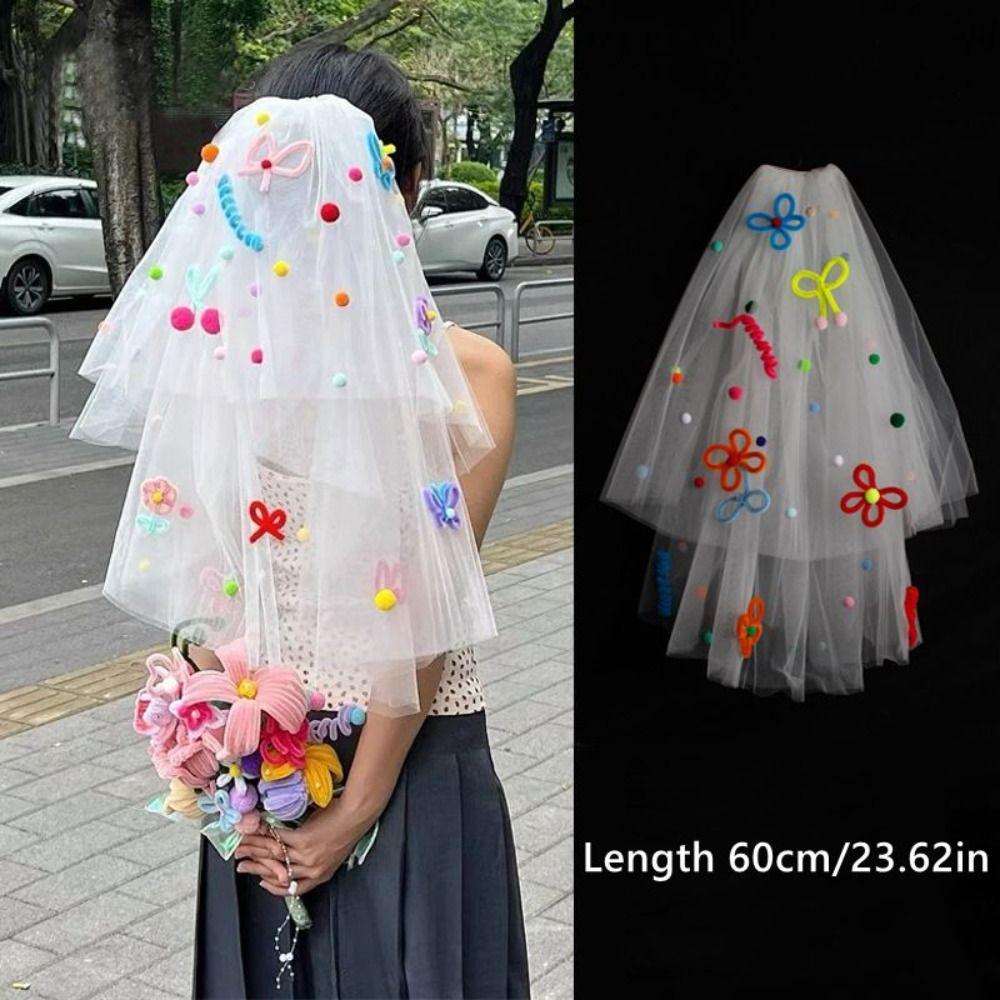 Photo Props Pompom Mesh Tulle Colorful White Veil Wedding Veils Bridal Veils Headdress Accessories