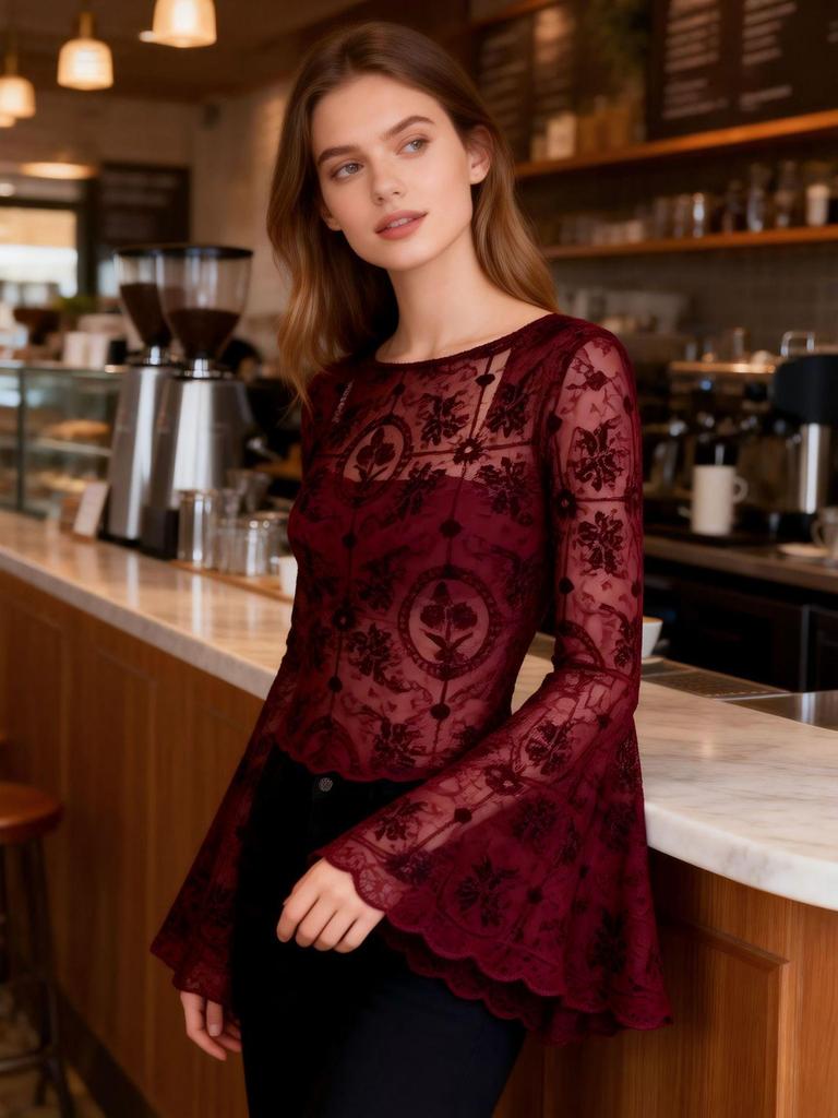 Elegantní top se zvonovými rukávy a krajkovým lemem - Evropský & Americký styl